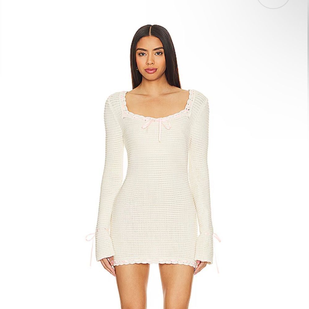For Love & Lemons Olina mini dress Cream crochet ribbon trim baby doll NWT XS
